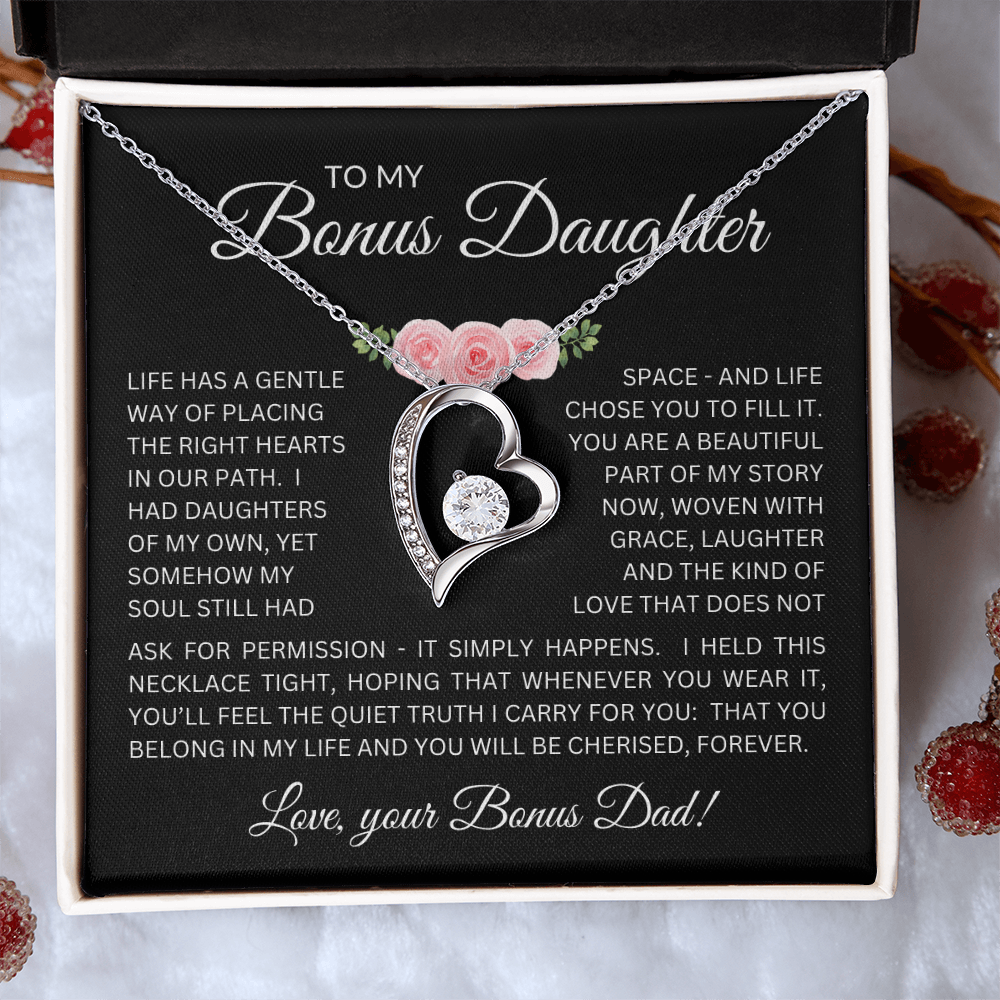 Bonus Daughter Forever Love Necklace from Bonus Dad – Poetic Message Card Gift for Stepdaughter