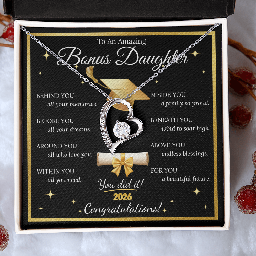Graduation Gift for Bonus Daughter – Forever Love Necklace with Message Card | Class of 2026 Keepsake