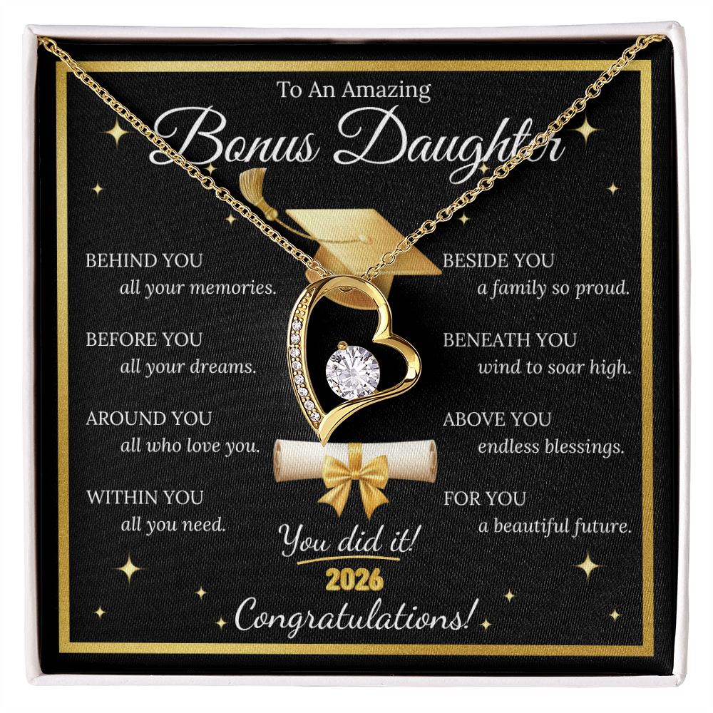 Graduation Gift for Bonus Daughter – Forever Love Necklace with Message Card | Class of 2026 Keepsake