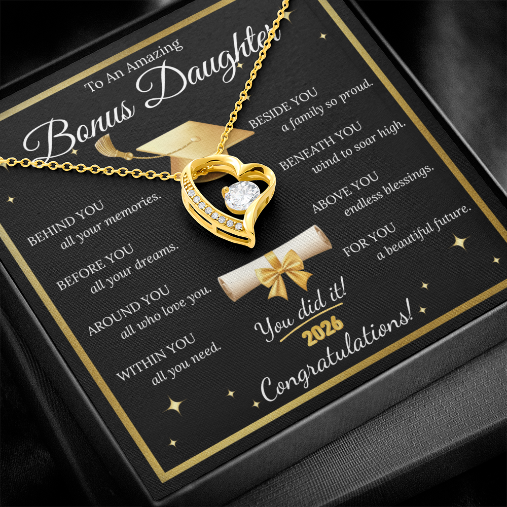 Graduation Gift for Bonus Daughter – Forever Love Necklace with Message Card | Class of 2026 Keepsake