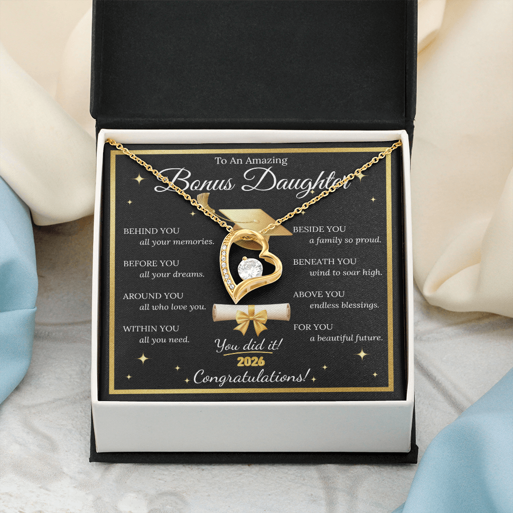 Graduation Gift for Bonus Daughter – Forever Love Necklace with Message Card | Class of 2026 Keepsake