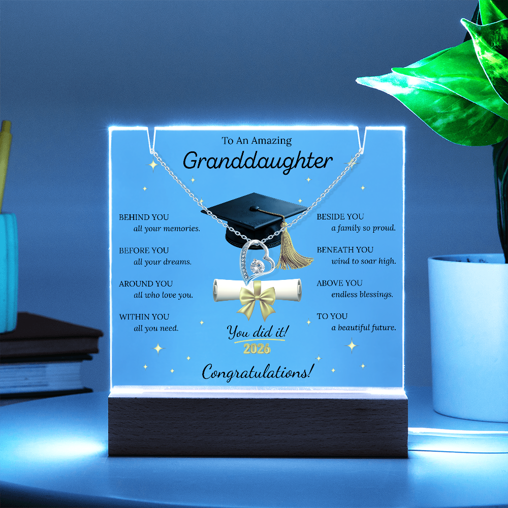 Graduation Gift for Granddaughter 2026 – LED Acrylic Plaque with Necklace | Inspirational Keepsake Bundle