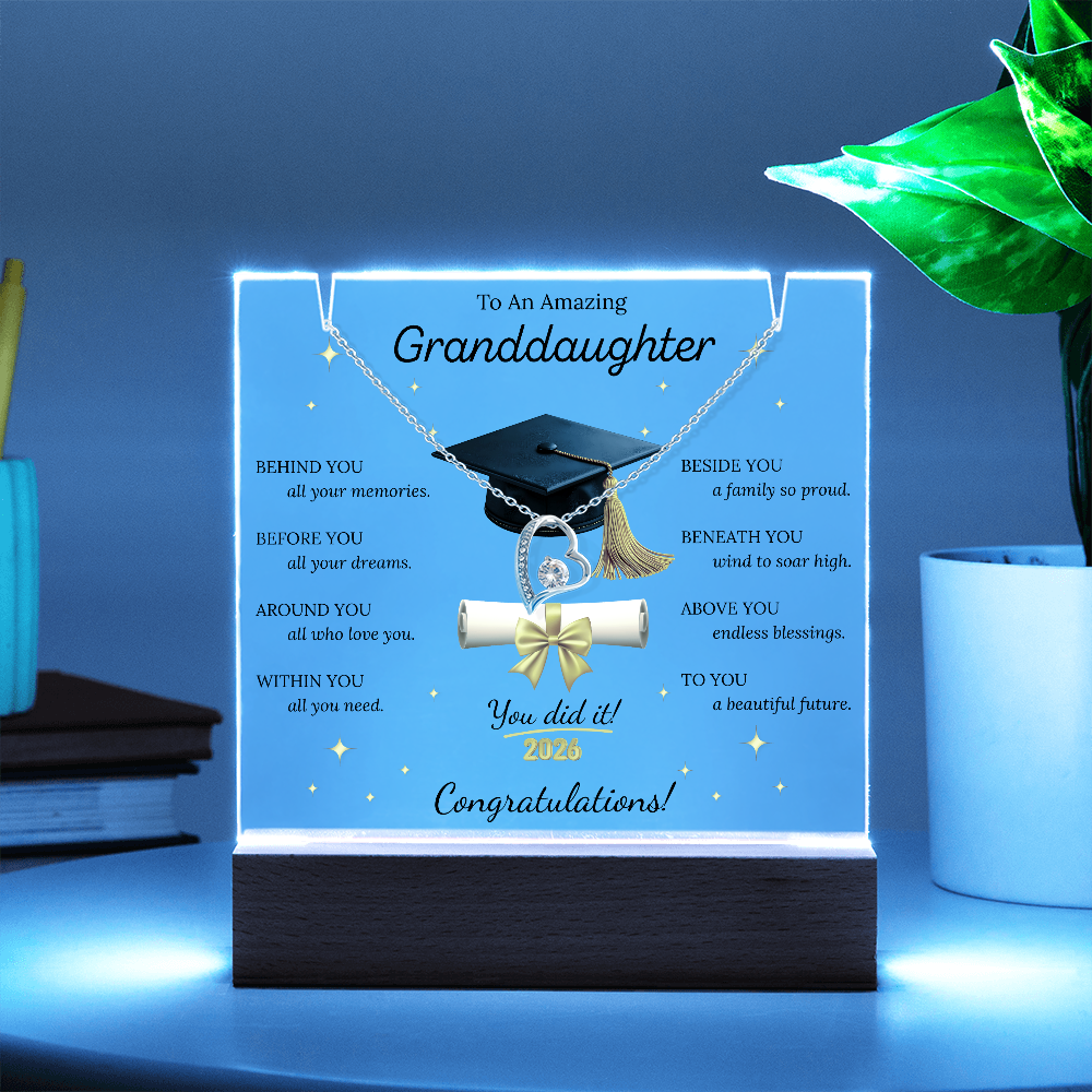 Graduation Gift for Granddaughter 2026 – LED Acrylic Plaque with Necklace | Inspirational Keepsake Bundle