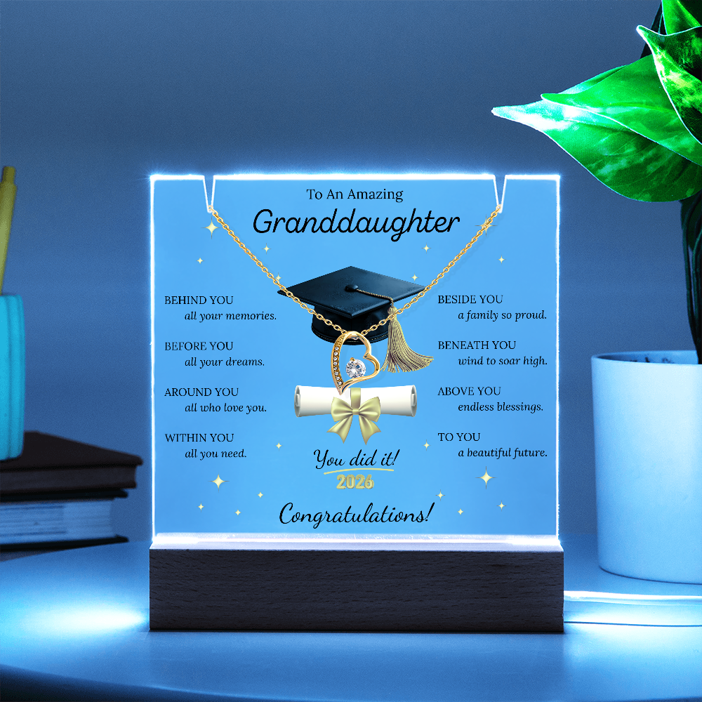 Graduation Gift for Granddaughter 2026 – LED Acrylic Plaque with Necklace | Inspirational Keepsake Bundle