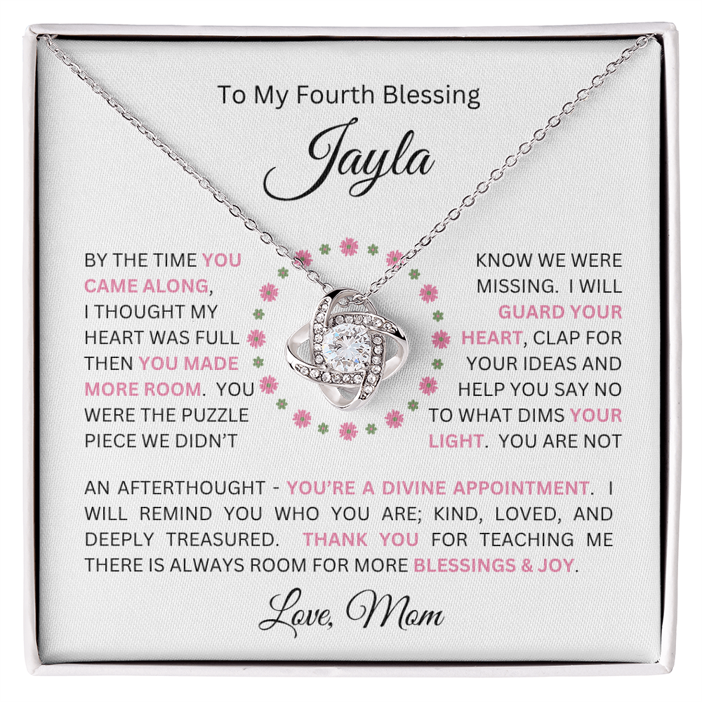 To My Daughter(s) — Beautiful Love Knot Necklace & PERSONALIZED Heartwarming Message from Mom (Only, First-Born, Second, Third, Fourth, Fifth, or Twins)