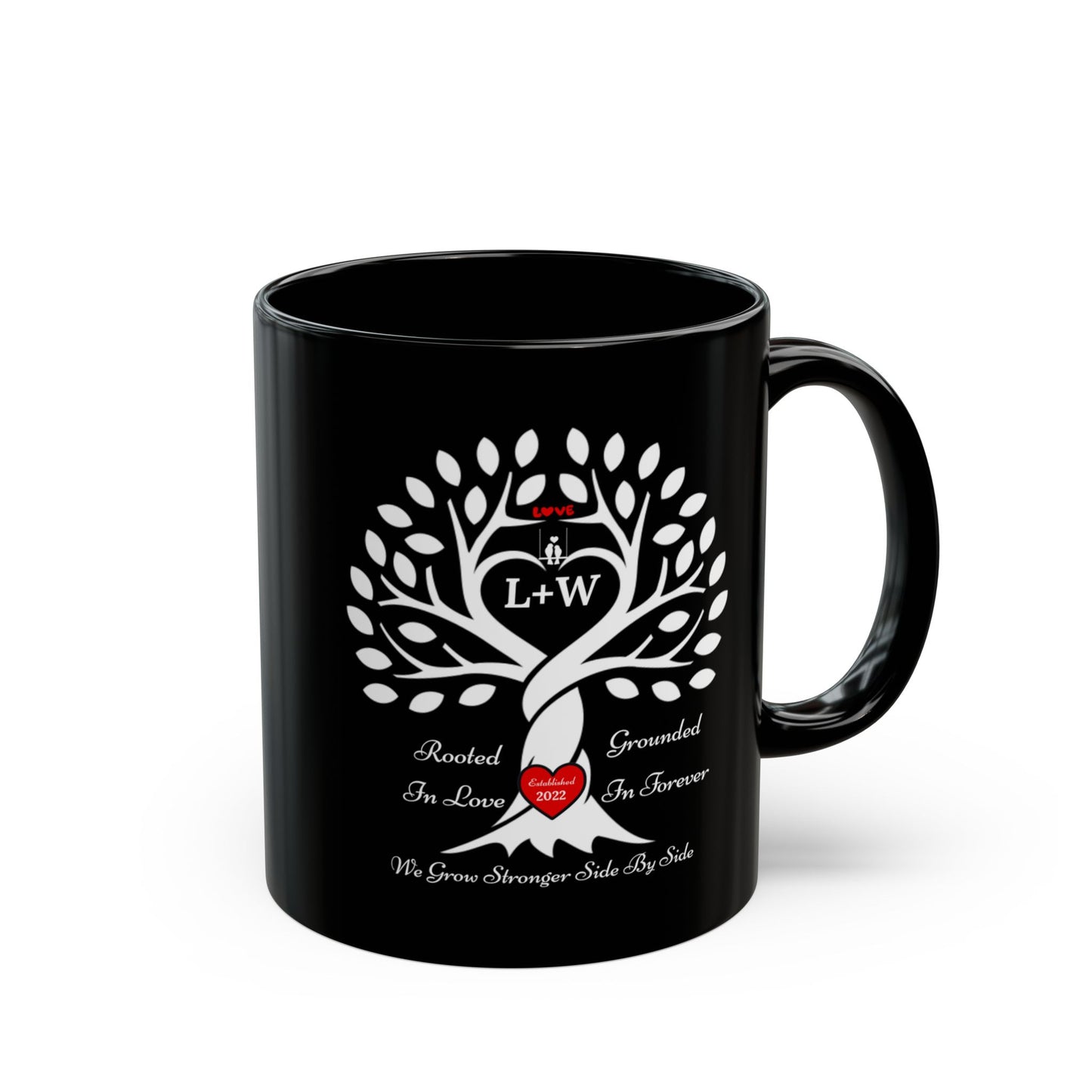 Personalized Love Birds “Rooted in Love” Family Tree Mug – Custom Initials & Established Year (11oz & 15oz)