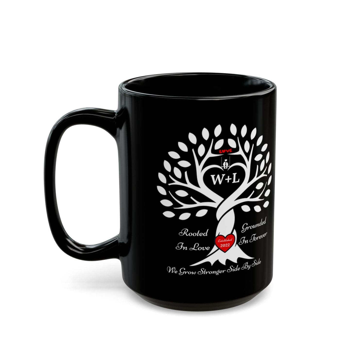 Personalized Love Birds “Rooted in Love” Family Tree Mug – Custom Initials & Established Year (11oz & 15oz)
