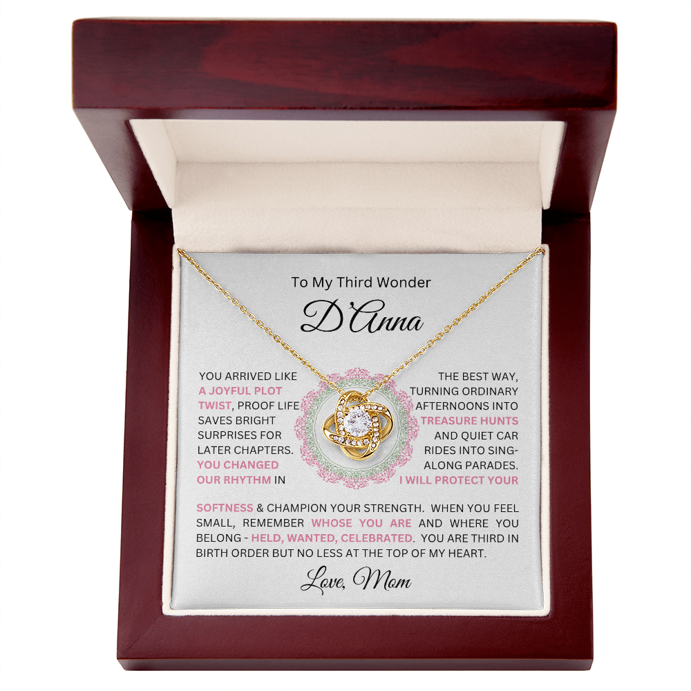 To My Daughter(s) — Beautiful Love Knot Necklace & PERSONALIZED Heartwarming Message from Mom (Only, First-Born, Second, Third, Fourth, Fifth, or Twins)