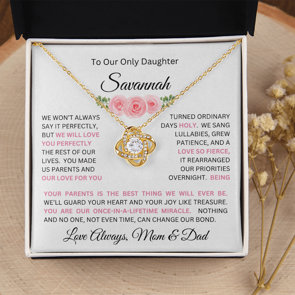 To Our Daughter(s) — Beautiful Love Knot Necklace & PERSONALIZED Heartwarming Message from Mom & Dad (Only, First-Born, Second, Third, Fourth, Fifth, or Twins)