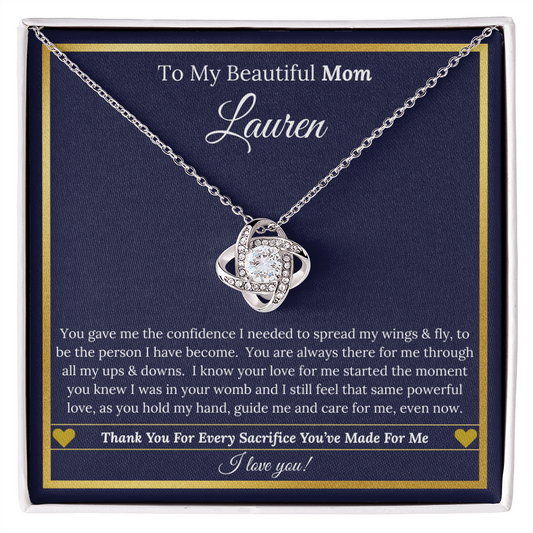 To My Beautiful Mom – Love Knot Necklace and Personalized Message Card with Name & Special Message to Mom | Mother’s Gift of Love & Gratitude