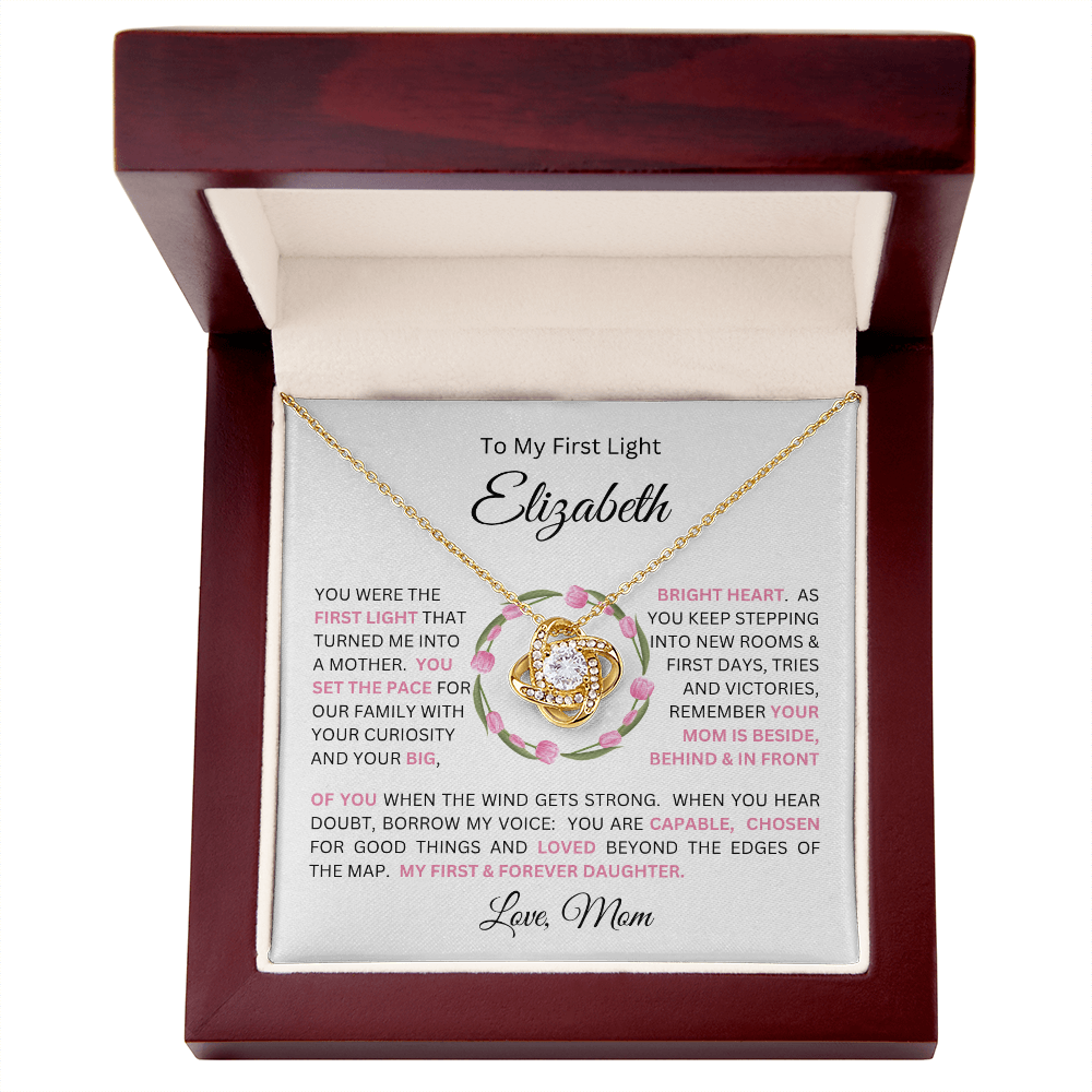 To My Daughter(s) — Beautiful Love Knot Necklace & PERSONALIZED Heartwarming Message from Mom (Only, First-Born, Second, Third, Fourth, Fifth, or Twins)