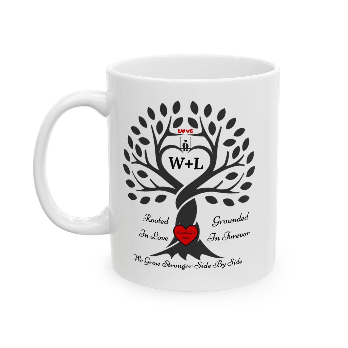 Personalized Love Birds “Rooted in Love” Family Tree Mug – Custom Initials & Established Year (11oz & 15oz)