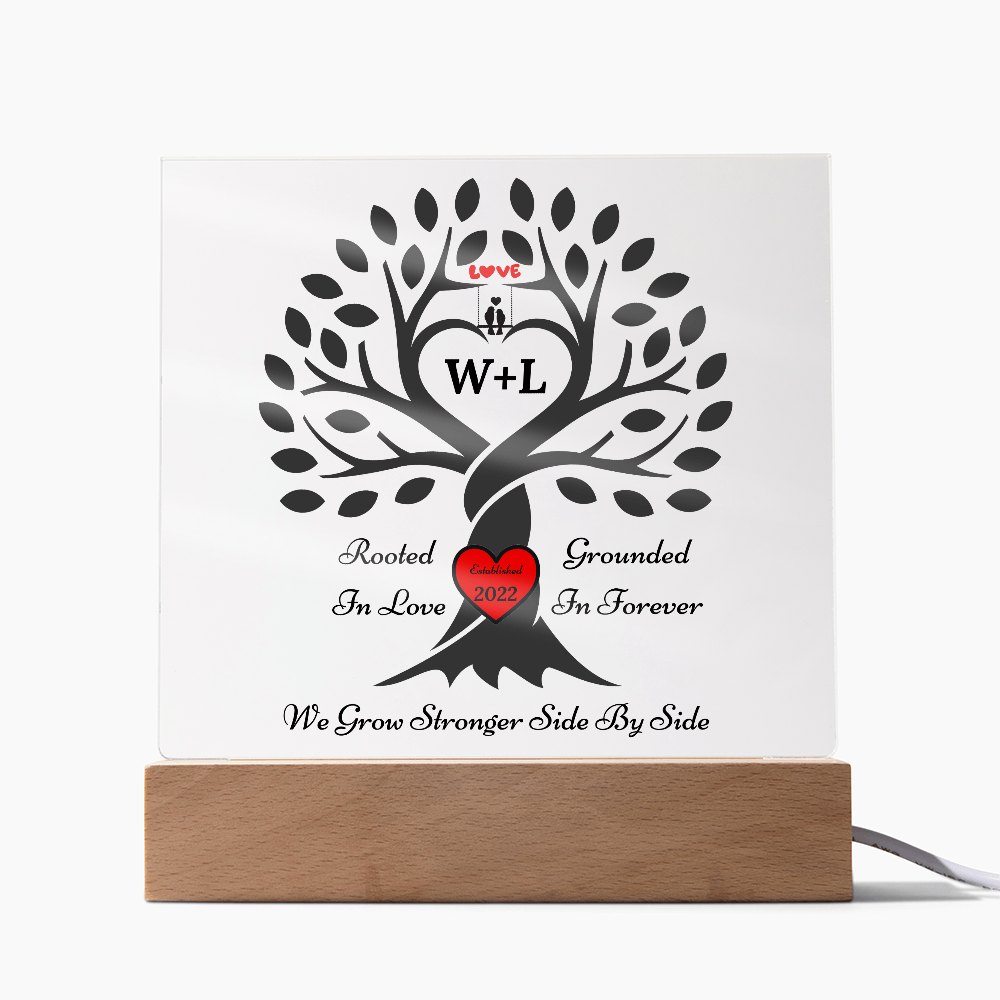 Personalized Love Birds “Rooted in Love” Tree Couple Night Light – Custom Initials & Year on Wood-Base Acrylic Lamp