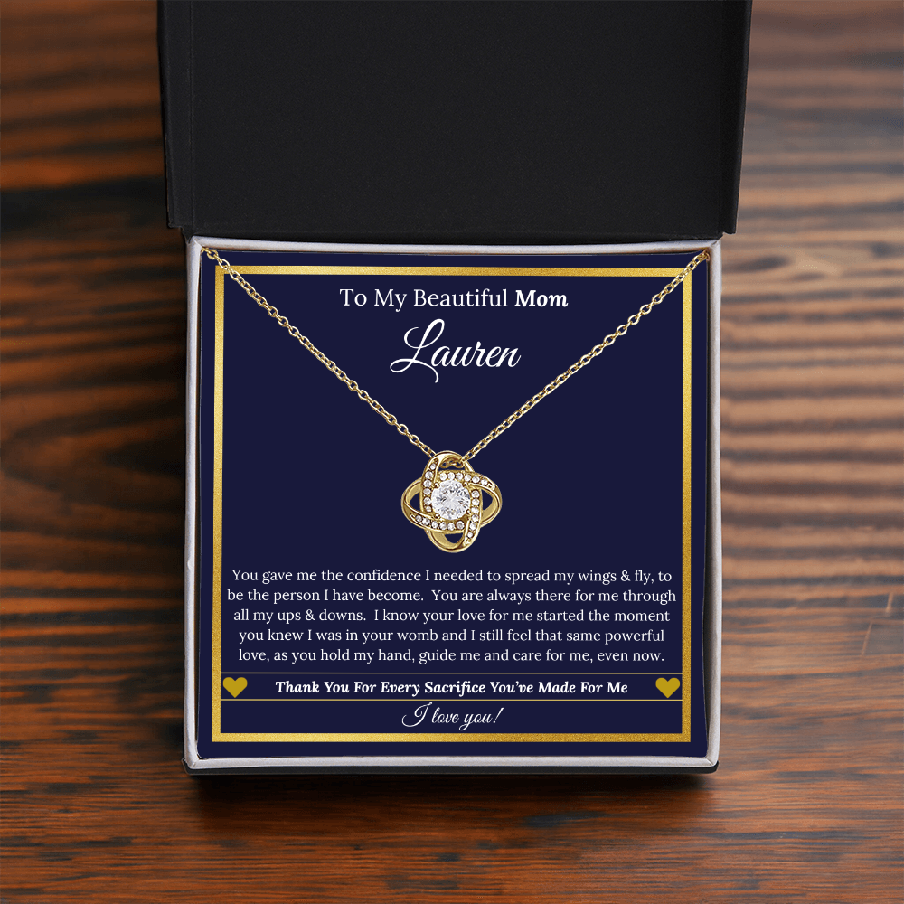 To My Beautiful Mom – Love Knot Necklace and Personalized Message Card with Name & Special Message to Mom | Mother’s Gift of Love & Gratitude