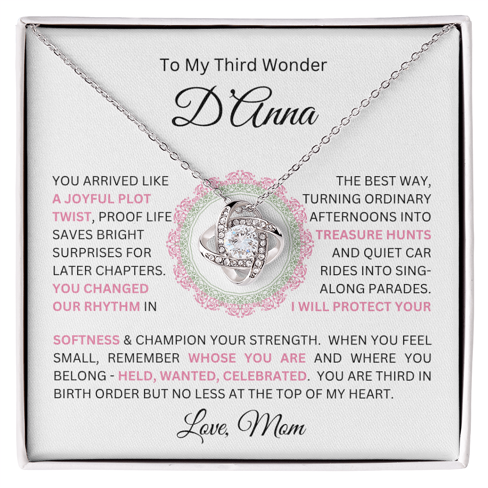 To My Daughter(s) — Beautiful Love Knot Necklace & PERSONALIZED Heartwarming Message from Mom (Only, First-Born, Second, Third, Fourth, Fifth, or Twins)