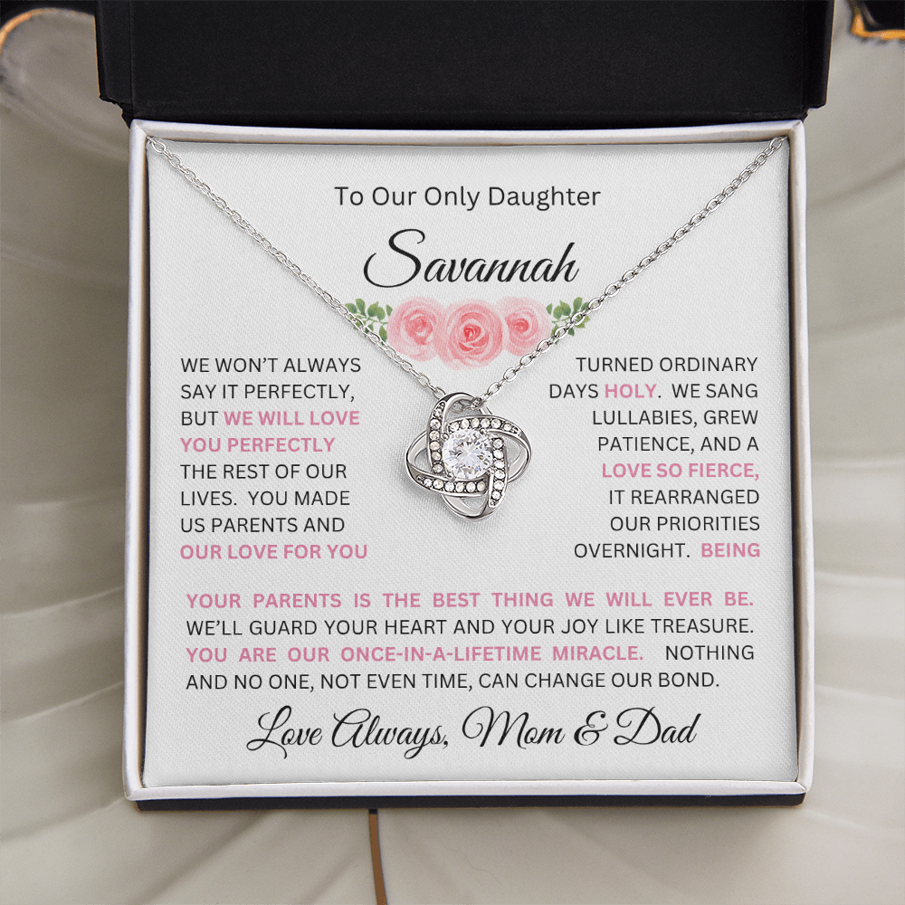 To Our Daughter(s) — Beautiful Love Knot Necklace & PERSONALIZED Heartwarming Message from Mom & Dad (Only, First-Born, Second, Third, Fourth, Fifth, or Twins)