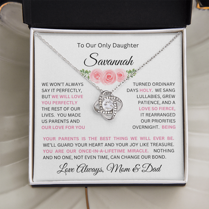 To Our Daughter(s) — Beautiful Love Knot Necklace & PERSONALIZED Heartwarming Message from Mom & Dad (Only, First-Born, Second, Third, Fourth, Fifth, or Twins)