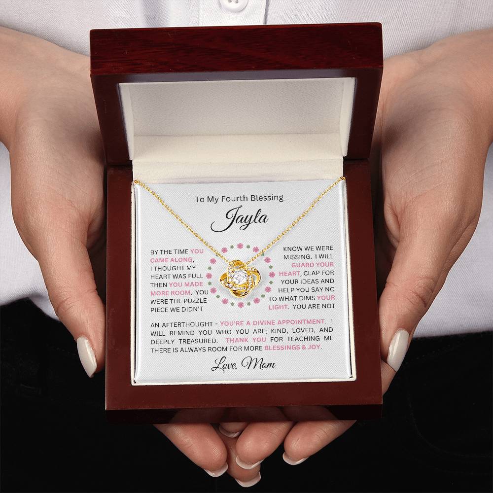 To My Daughter(s) — Beautiful Love Knot Necklace & PERSONALIZED Heartwarming Message from Mom (Only, First-Born, Second, Third, Fourth, Fifth, or Twins)