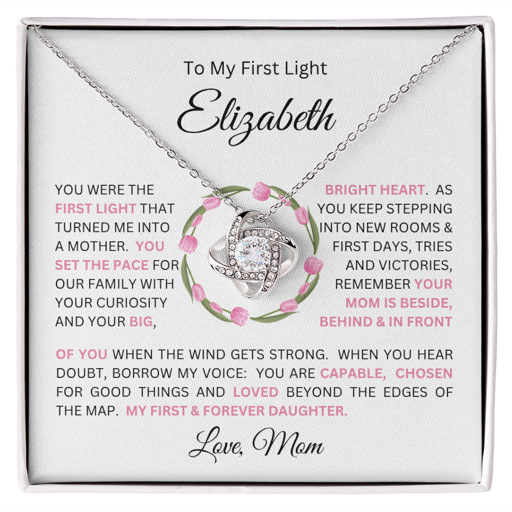 To My Daughter(s) — Beautiful Love Knot Necklace & PERSONALIZED Heartwarming Message from Mom (Only, First-Born, Second, Third, Fourth, Fifth, or Twins)