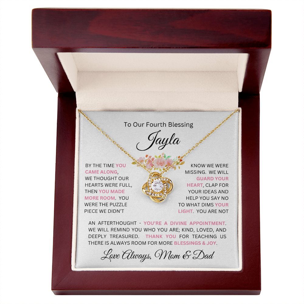 To Our Daughter(s) — Beautiful Love Knot Necklace & PERSONALIZED Heartwarming Message from Mom & Dad (Only, First-Born, Second, Third, Fourth, Fifth, or Twins)