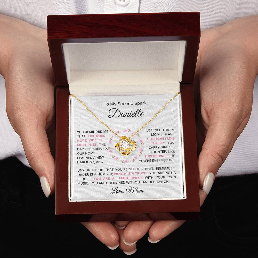 To My Daughter(s) — Beautiful Love Knot Necklace & PERSONALIZED Heartwarming Message from Mom (Only, First-Born, Second, Third, Fourth, Fifth, or Twins)