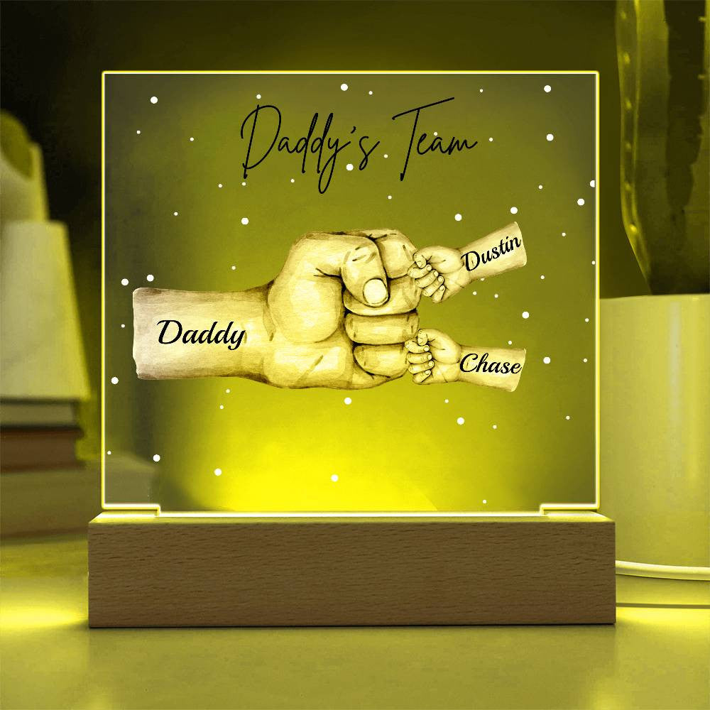 Personalized Daddy's Team Square Acrylic Plaque with Wooden Base or LED Light