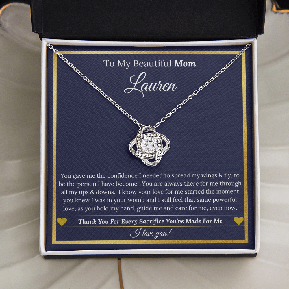 To My Beautiful Mom – Love Knot Necklace and Personalized Message Card with Name & Special Message to Mom | Mother’s Gift of Love & Gratitude