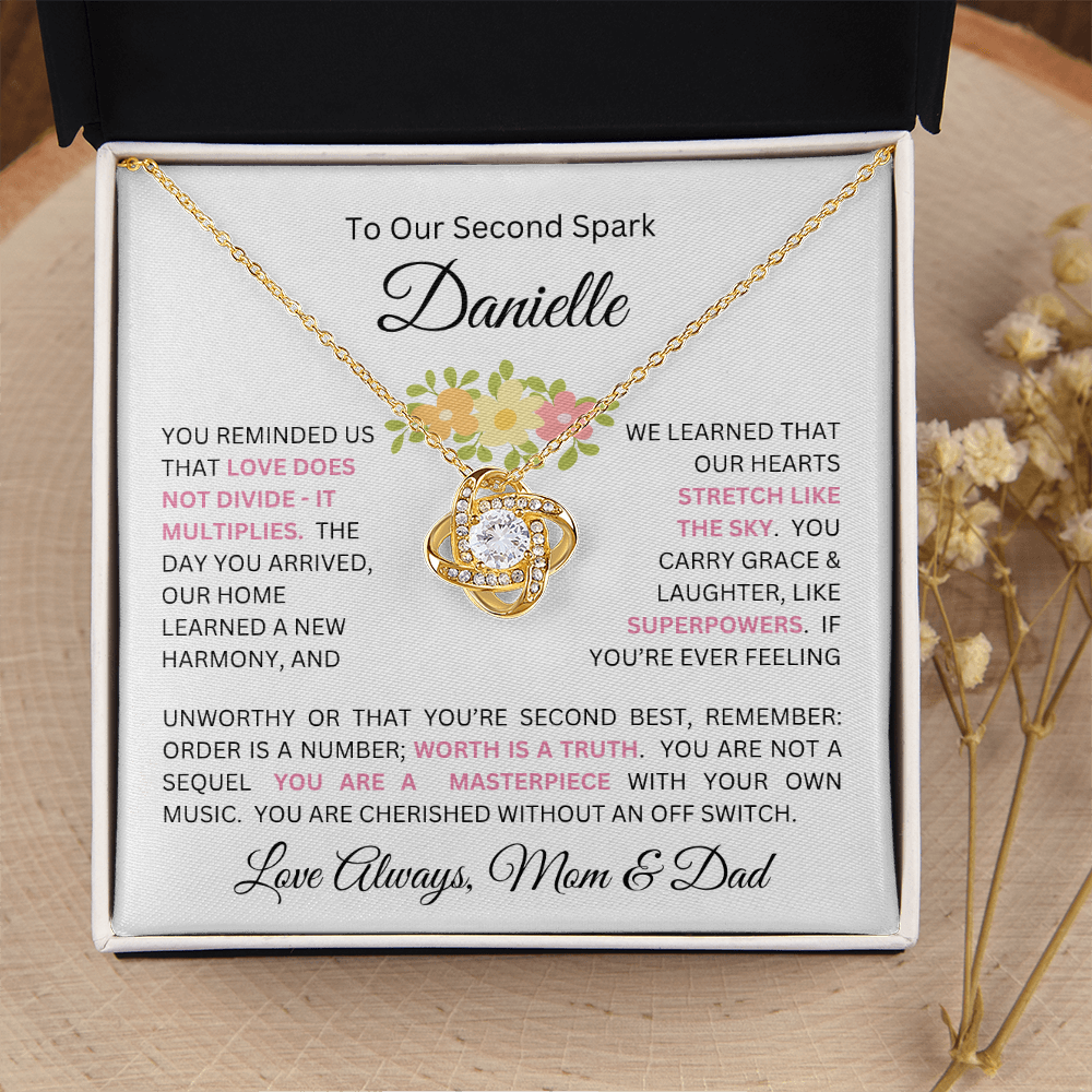 To Our Daughter(s) — Beautiful Love Knot Necklace & PERSONALIZED Heartwarming Message from Mom & Dad (Only, First-Born, Second, Third, Fourth, Fifth, or Twins)