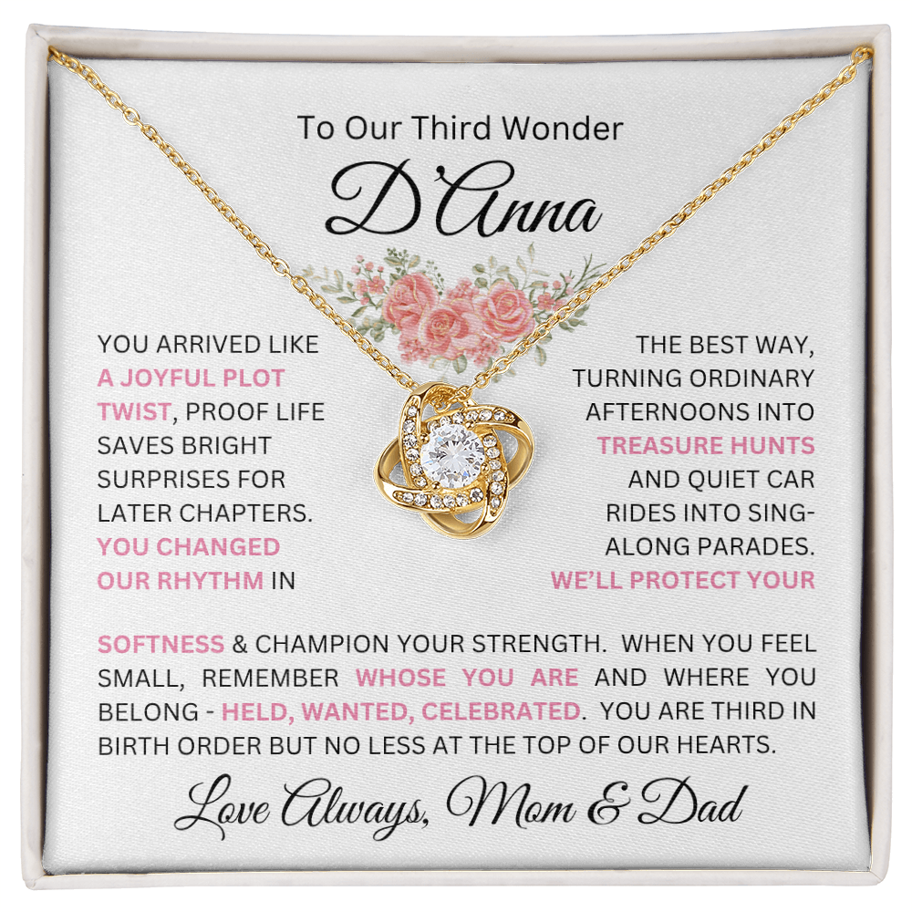 To Our Daughter(s) — Beautiful Love Knot Necklace & PERSONALIZED Heartwarming Message from Mom & Dad (Only, First-Born, Second, Third, Fourth, Fifth, or Twins)