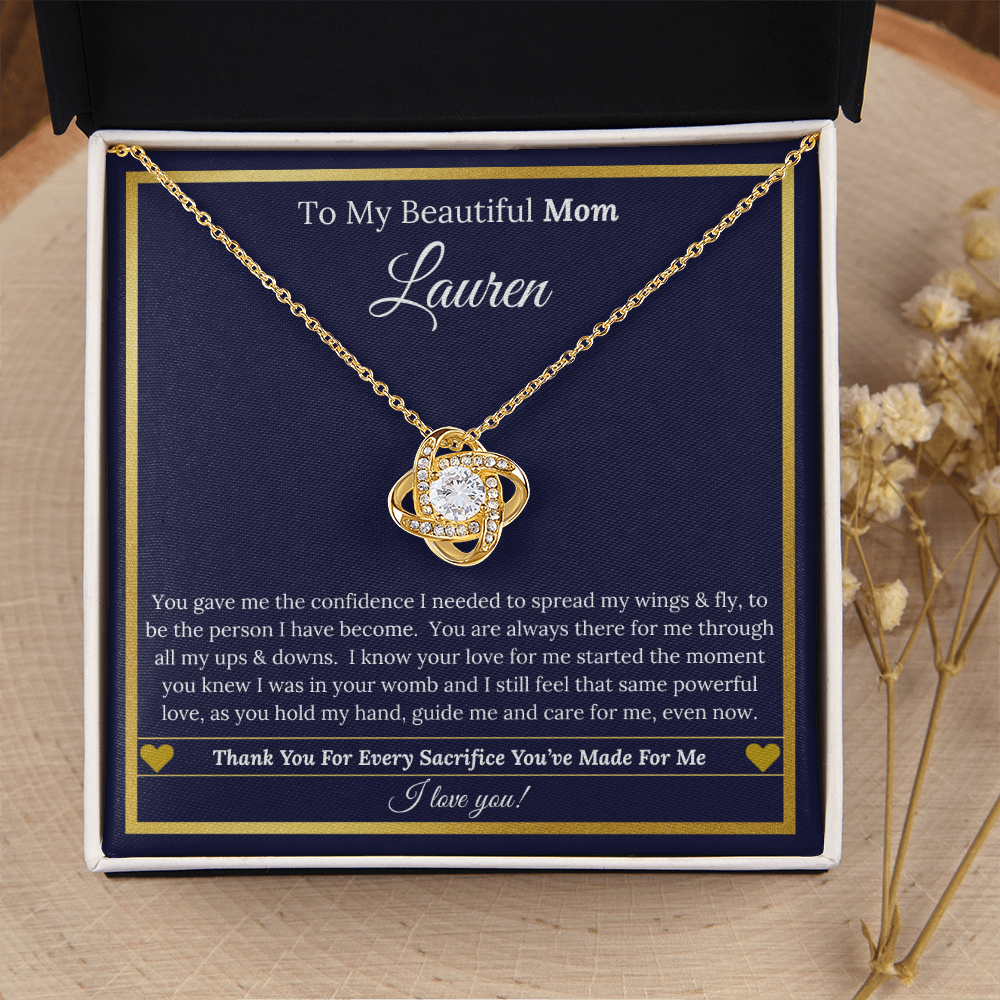 To My Beautiful Mom – Love Knot Necklace and Personalized Message Card with Name & Special Message to Mom | Mother’s Gift of Love & Gratitude