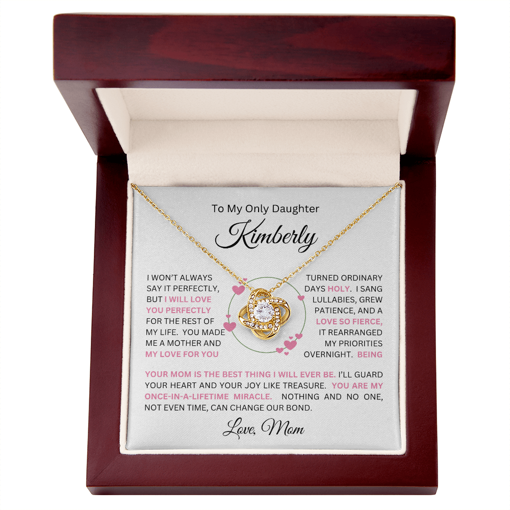 To My Daughter(s) — Beautiful Love Knot Necklace & PERSONALIZED Heartwarming Message from Mom (Only, First-Born, Second, Third, Fourth, Fifth, or Twins)