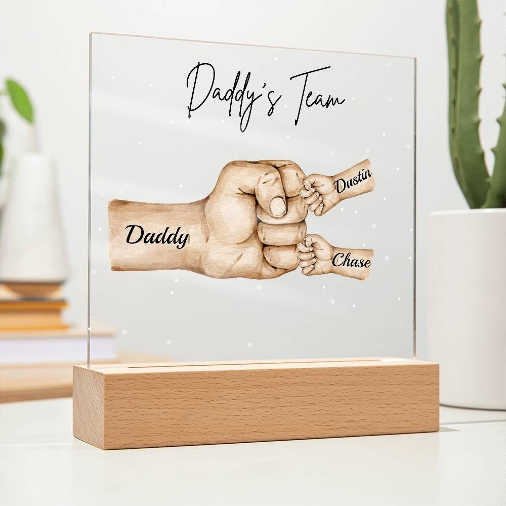 Personalized Daddy's Team Square Acrylic Plaque with Wooden Base or LED Light