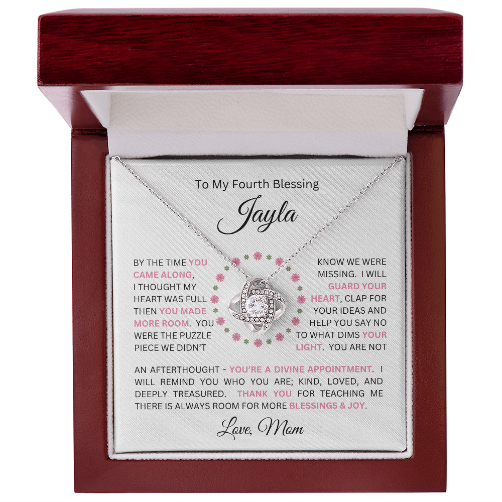 To My Daughter(s) — Beautiful Love Knot Necklace & PERSONALIZED Heartwarming Message from Mom (Only, First-Born, Second, Third, Fourth, Fifth, or Twins)