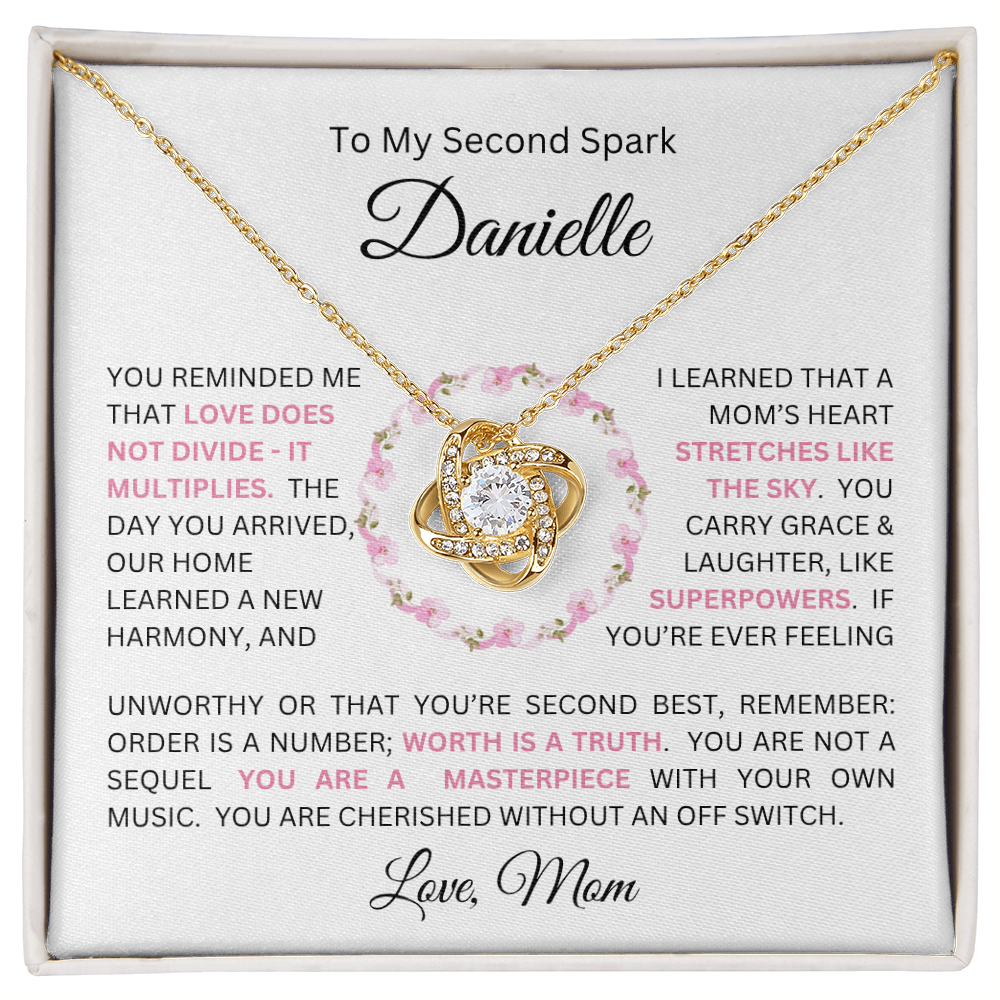 To My Daughter(s) — Beautiful Love Knot Necklace & PERSONALIZED Heartwarming Message from Mom (Only, First-Born, Second, Third, Fourth, Fifth, or Twins)