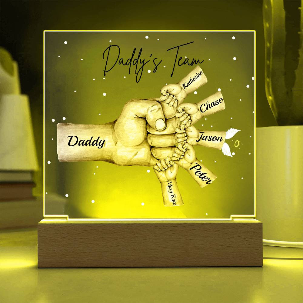 Personalized Daddy's Team Square Acrylic Plaque with Wooden Base or LED Light