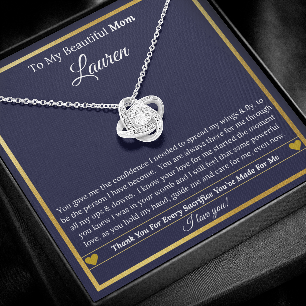 To My Beautiful Mom – Love Knot Necklace and Personalized Message Card with Name & Special Message to Mom | Mother’s Gift of Love & Gratitude