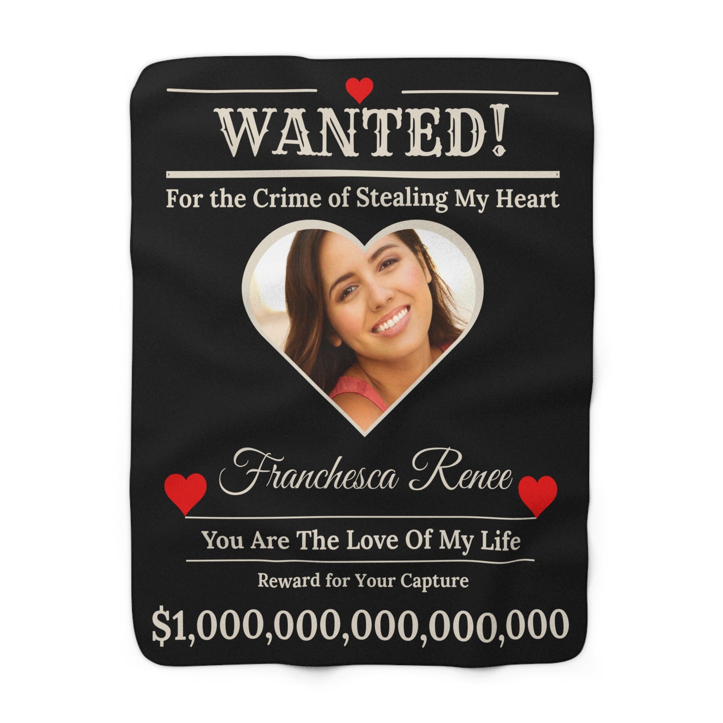 Personalized “WANTED” Love Soft Velveteen or Sherpa Blanket – Custom Photo, Name & Why Reward Poster