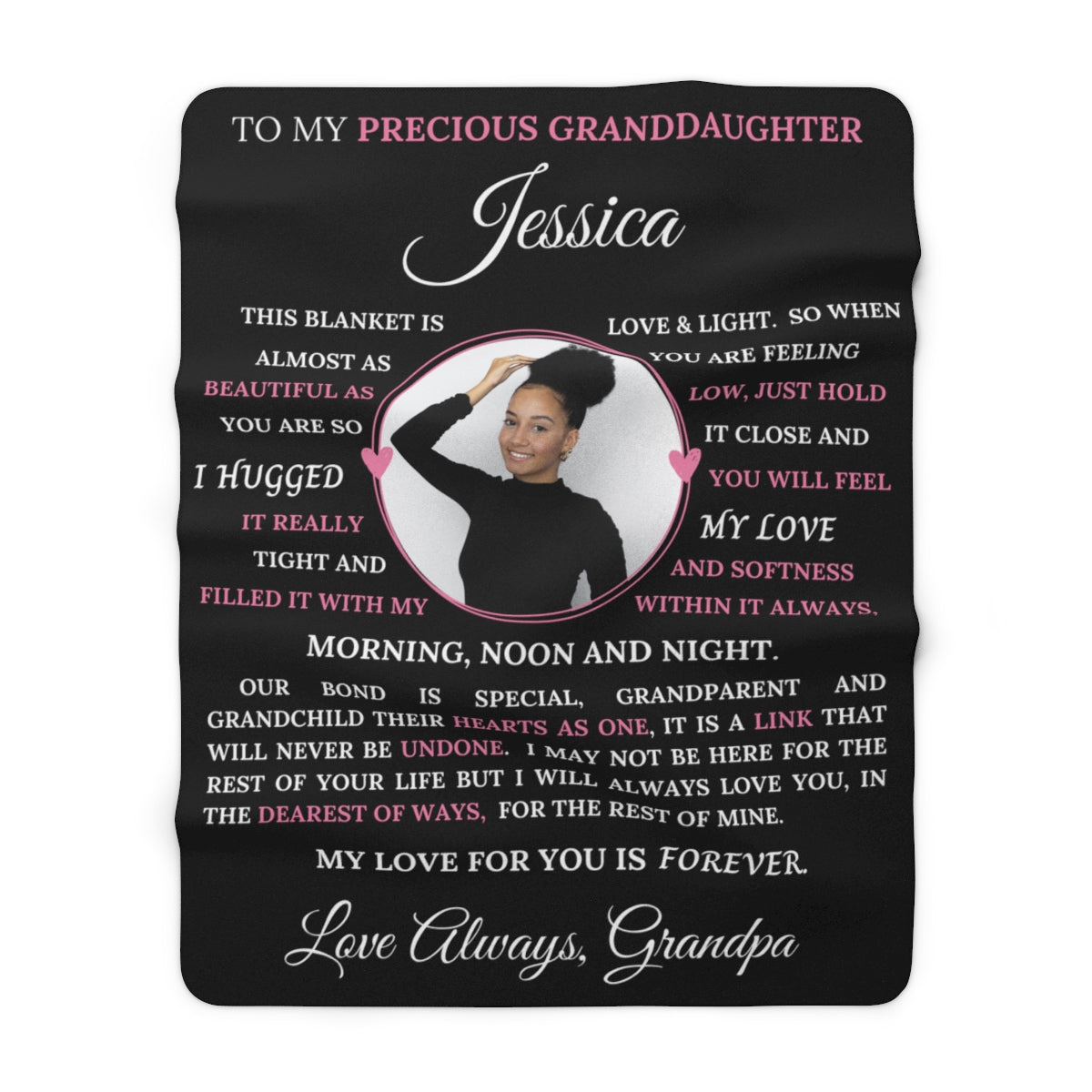 PERSONALIZED PHOTO Granddaughter Blanket - Black Extra Large 60x80 Sherpa Fleece Blanket