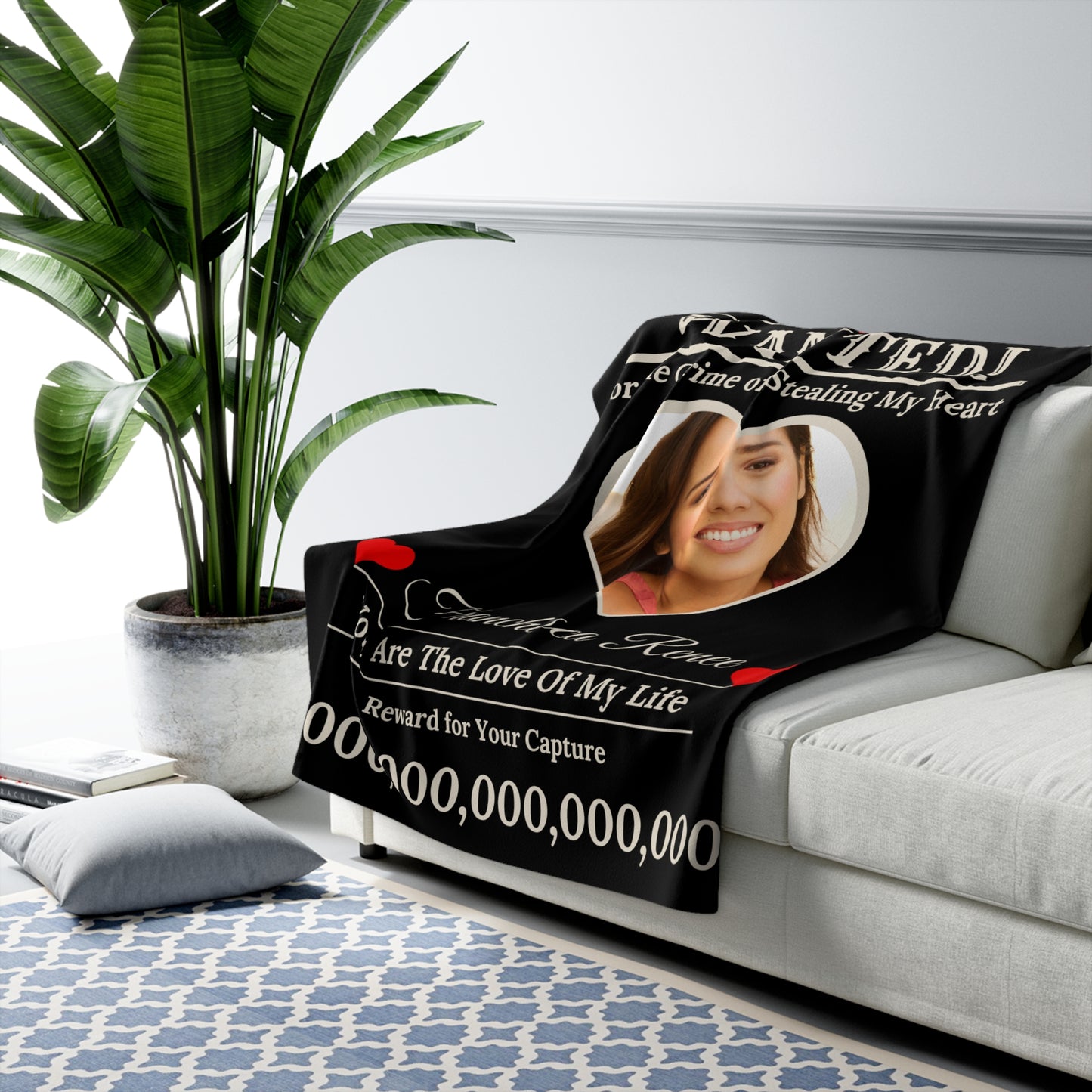 Personalized “WANTED” Love Soft Velveteen or Sherpa Blanket – Custom Photo, Name & Why Reward Poster