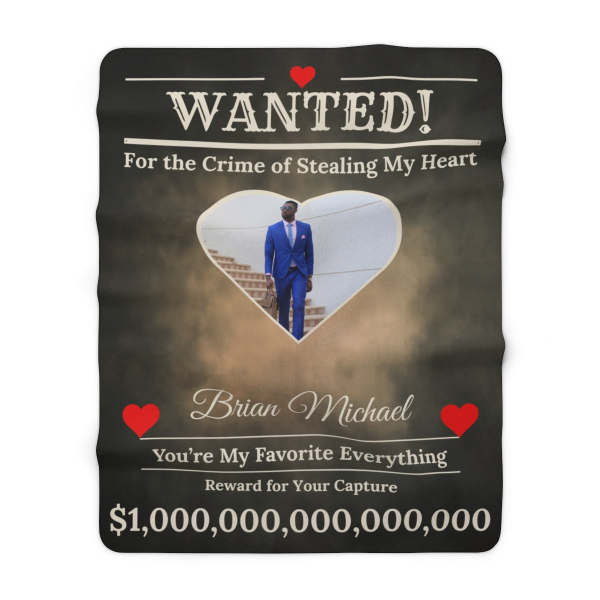 Personalized “WANTED” Love Soft Velveteen or Sherpa Blanket – Custom Photo, Name & Why Reward Poster