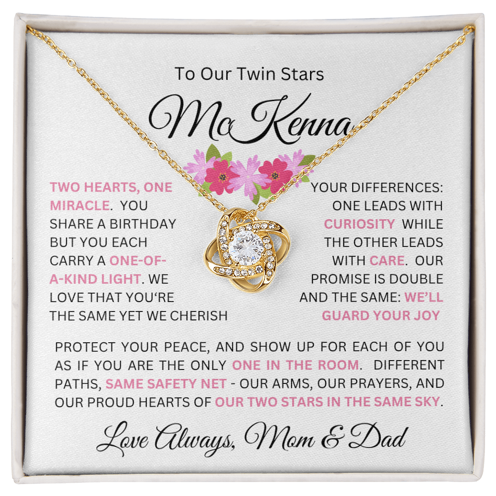 To Our Daughter(s) — Beautiful Love Knot Necklace & PERSONALIZED Heartwarming Message from Mom & Dad (Only, First-Born, Second, Third, Fourth, Fifth, or Twins)