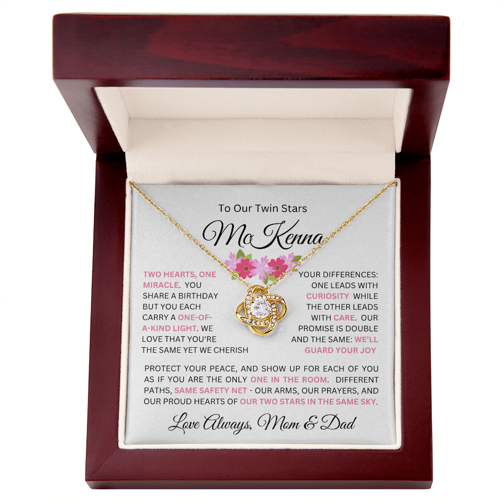 To Our Daughter(s) — Beautiful Love Knot Necklace & PERSONALIZED Heartwarming Message from Mom & Dad (Only, First-Born, Second, Third, Fourth, Fifth, or Twins)