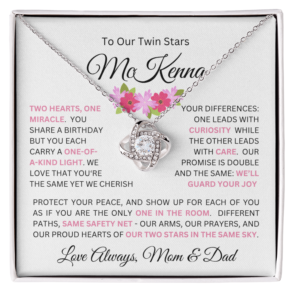 To Our Daughter(s) — Beautiful Love Knot Necklace & PERSONALIZED Heartwarming Message from Mom & Dad (Only, First-Born, Second, Third, Fourth, Fifth, or Twins)