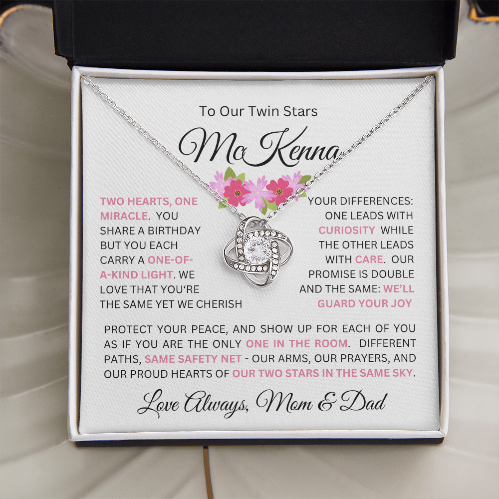 To Our Daughter(s) — Beautiful Love Knot Necklace & PERSONALIZED Heartwarming Message from Mom & Dad (Only, First-Born, Second, Third, Fourth, Fifth, or Twins)