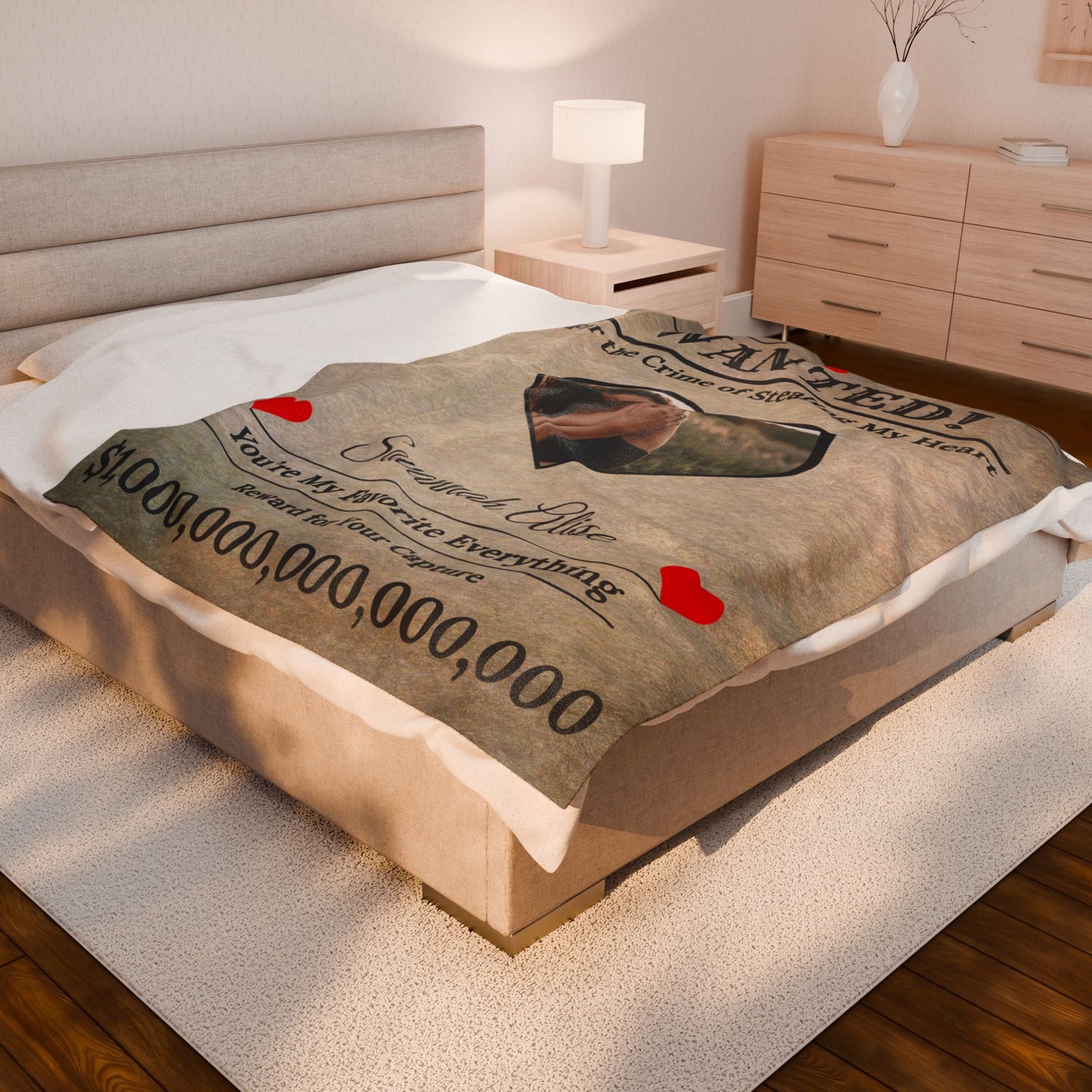 Personalized “WANTED” Love Soft Velveteen or Sherpa Blanket – Custom Photo, Name & Why Reward Poster