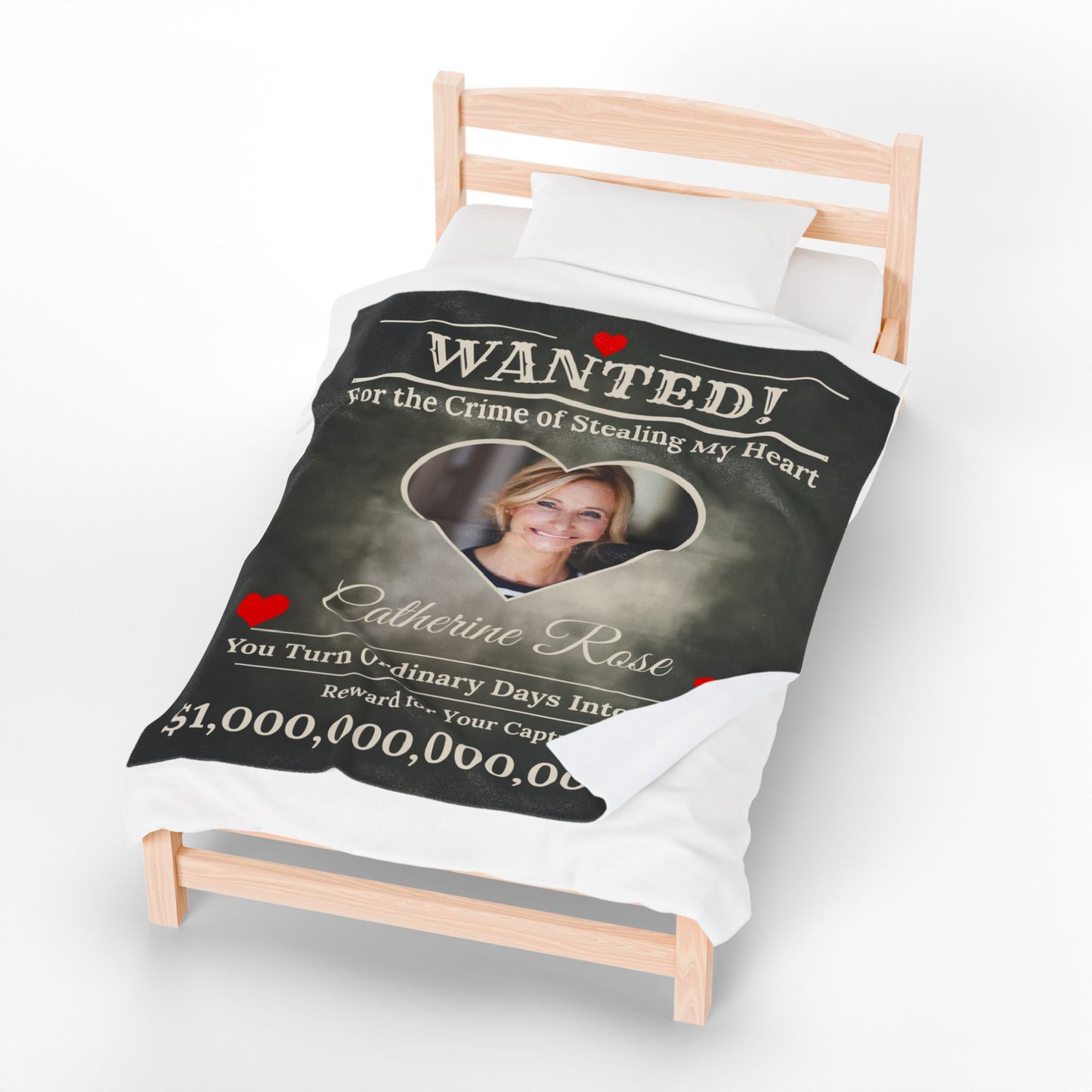 Personalized “WANTED” Love Soft Velveteen or Sherpa Blanket – Custom Photo, Name & Why Reward Poster