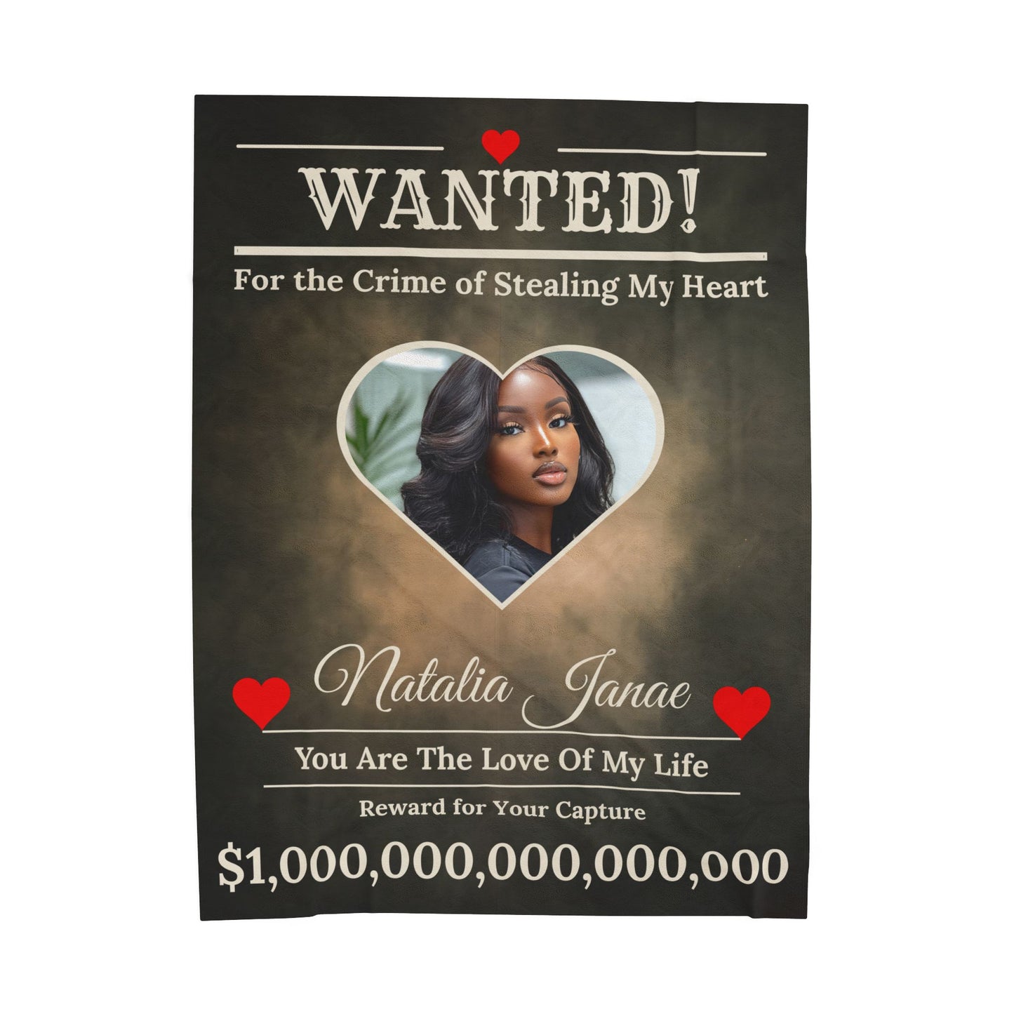Personalized “WANTED” Love Soft Velveteen or Sherpa Blanket – Custom Photo, Name & Why Reward Poster