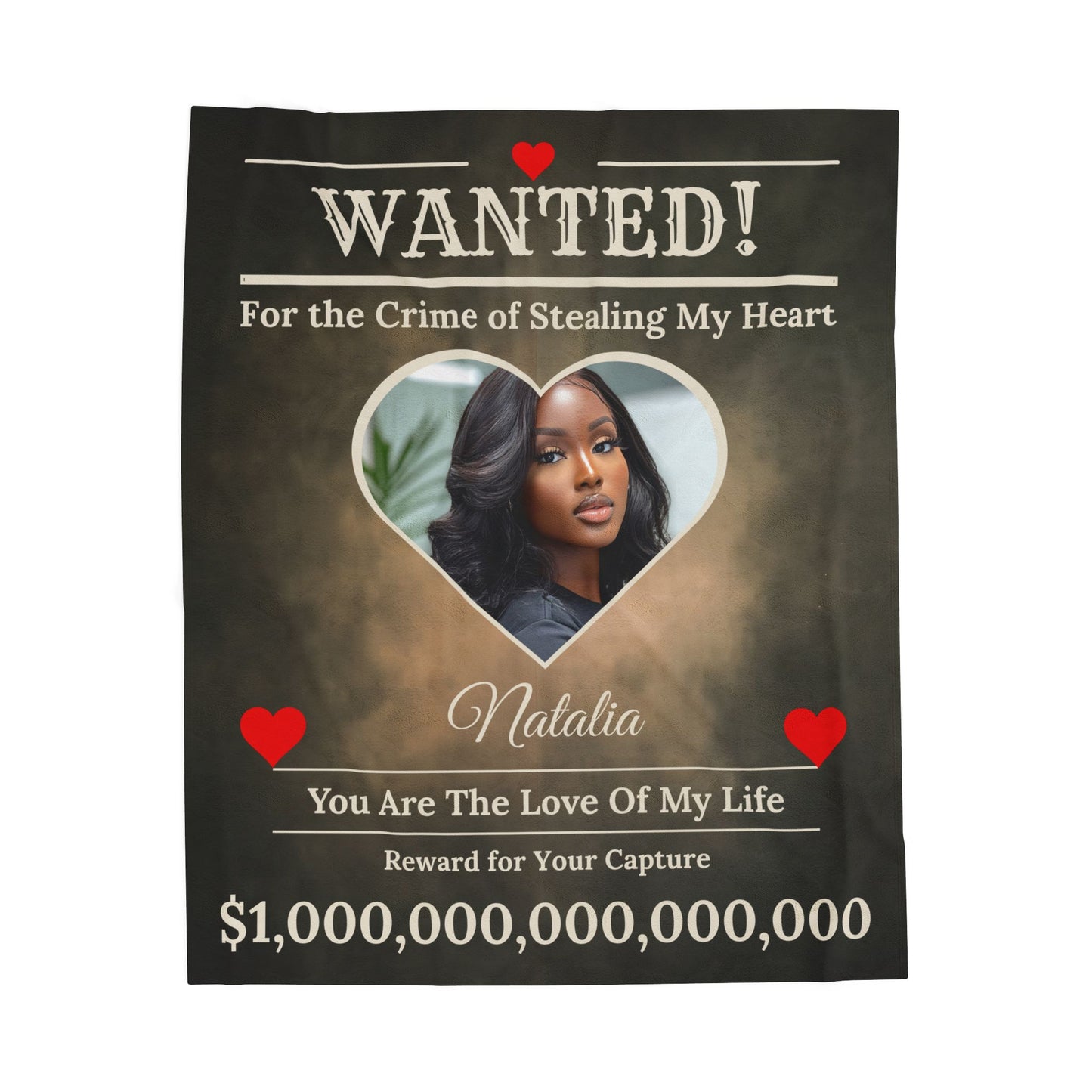 Personalized “WANTED” Love Soft Velveteen or Sherpa Blanket – Custom Photo, Name & Why Reward Poster