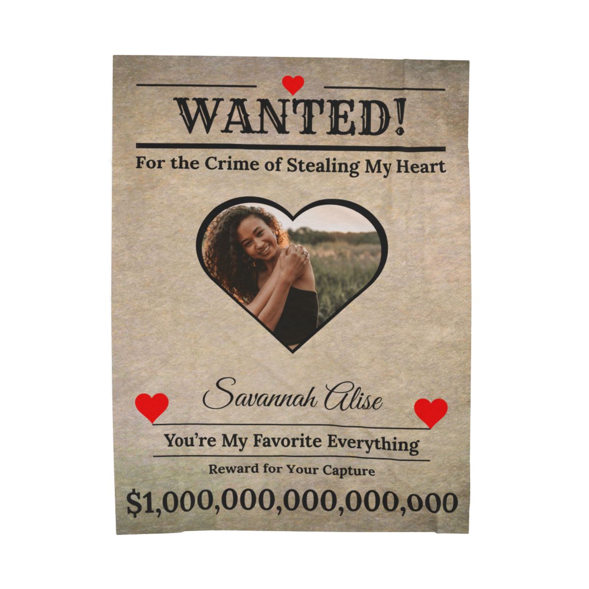 Personalized “WANTED” Love Soft Velveteen or Sherpa Blanket – Custom Photo, Name & Why Reward Poster