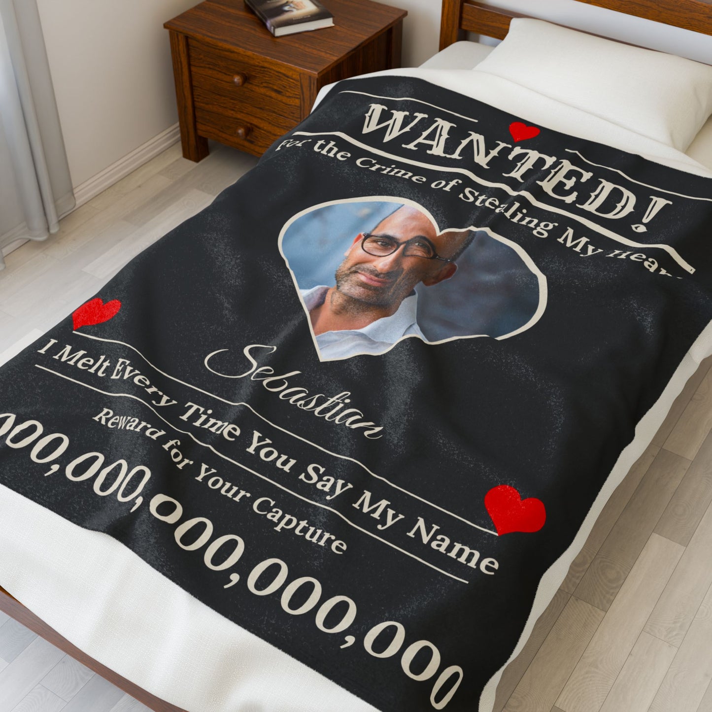 Personalized “WANTED” Love Soft Velveteen or Sherpa Blanket – Custom Photo, Name & Why Reward Poster
